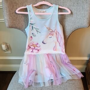 Unicorn Print Kids Casual Dress - Pink and White